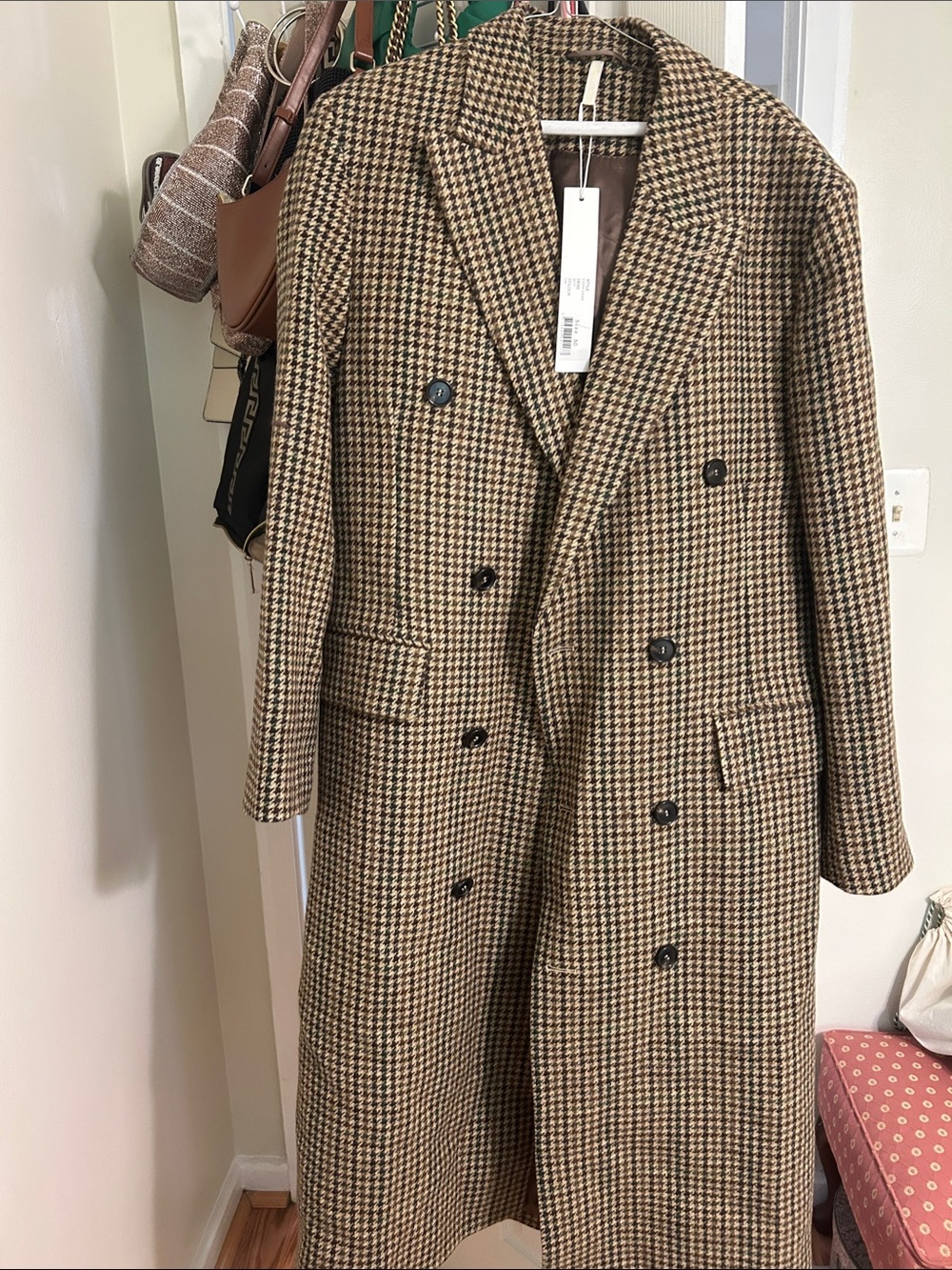 Houndstooth Double-Breasted Trench Coat - Brown/Black